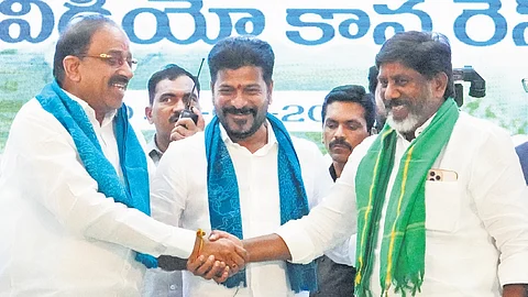Chief Minister A Revanth Reddy, Deputy CM Mallu Bhatti Vikramarka and Agriculture Minister Thummala Nageswara Rao at the Rythu Nestham programme on Monday.