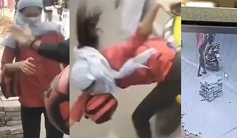 (L-R) The first two pictures showing the woman being slapped and thrown to the ground by the Rapido driver; the third image shows a CCTV footage of the woman hitting the driver first.
