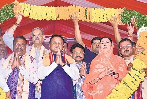 CM Mohan Charan Majhi at Krushak Shakti Samavesh in Balangir on Tuesday.