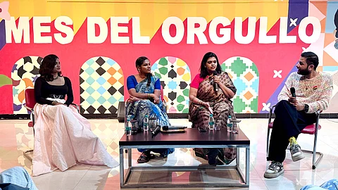 The panel, moderated by Sahil Choudhary, Program Director at the New Delhi LGBTQIA+ Centre of Naz Foundation, featured Aravani Project members Kanchana, Vinni, and Poornima Sukumar, the founder of the trans-led collective.