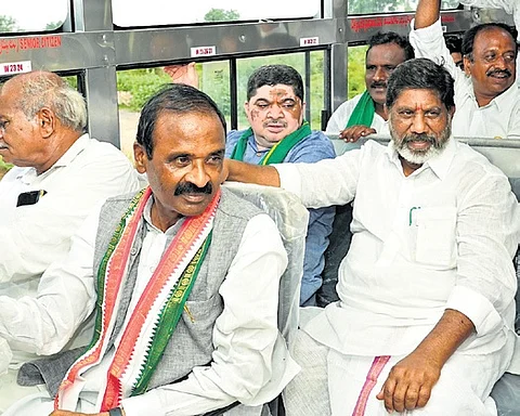 Deputy Chief Minister Mallu Bhatti Vikramarka travels in one of the 10 new buses he launched in Madhira
