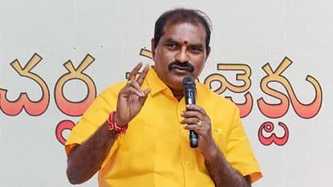 Water resources minister Nimmala Ramanaidu addressing the media on Tuesday.