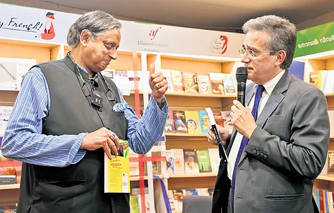 MP Shashi Tharoor with Thierry Mathou, Ambassador of France to India, during the launch of ‘Pardon My French’ bookshelf, a literary initiative by the French Institute in India and DC Books in the state capital on Thursday