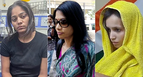 A collage of Sonam Raghuvanshi (L) and Muskan Rastogi (R), accused of killing their spouses, and Indrani Mukerjea (C), accused of murdering her daughter.