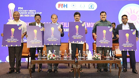 Tamil Nadu Deputy Chief Minister Udhayanidhi Stalin (3rd R) and other officials from Hockey India unveil the official logo of the FIH Men's Junior World Cup 2025 in Chennai on Thursday