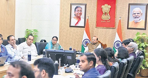 Chief Minister Rekha Gupta, L-G VK Saxena during the meeting on Thursday.