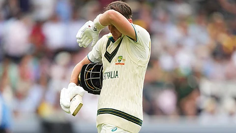 Australia's Marnus Labuschagne reacts as he walks off the field after losing his wicket on day two of the World Test Championship final between South Africa and Australia at Lord's cricket ground in London, Thursday, June 12, 2025.
