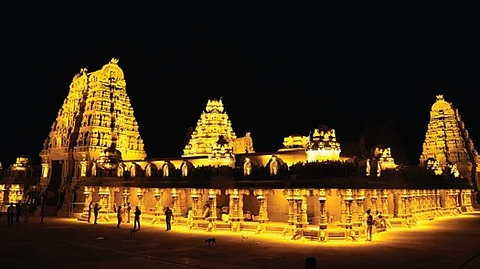 A view of Yadagirigutta Sri Lakshmi Narasimha Swamy temple at night.