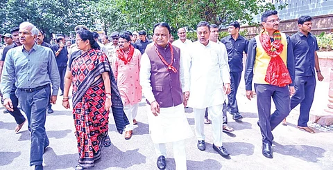 Chief Minister Mohan Charan Majhi, deputy CM Pravati Parida, local MP Sambit Patra and officials going around the Srimandir, in Puri on Sunday.