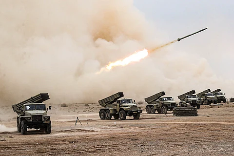 A handout picture provided by the Iranian Army media office on October 28, 2023, shows missiles being launched during a military drill in the Isfahan province in central Iran.