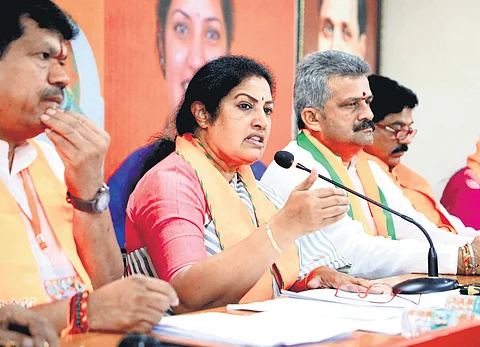 State BJP president Daggubati Purandeswari speaks at the SC Morcha meeting in Vijayawada on Sunday