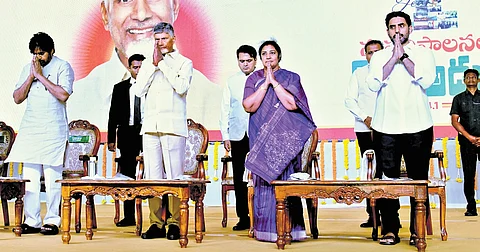 CM Chandrababu Naidu, Deputy CM Pawan Kalyan, BJP MP D Purandeswari and HRD Minister Nara Lokesh at ‘First Step Towards Good Governance’ on Monday