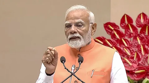 Prime Minister Narendra Modi addresses the centenary celebration meeting of the historic conversation between Sree Narayana Gurudev and Mahatma Gandhi at Vigyan Bhawan in New Delhi, Tuesday, June 24, 2025.