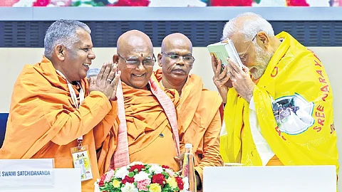 PM Narendra Modi at the centenary celebration of the historic meeting between
Sree Narayana Guru and Mahatma Gandhi in New Delhi on Tuesday