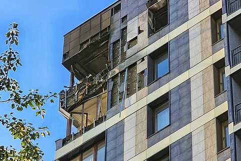 A view of the damaged flat of an apartment building where the Ukrainian drone fell in Karsnogorsk, just outside Moscow, Russia, on Tuesday, June 24, 2025.