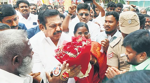 AIADMK general secretary Edappadi K Palaniswami arriving at the party headquarters to hold talks with functionaries on Tuesday