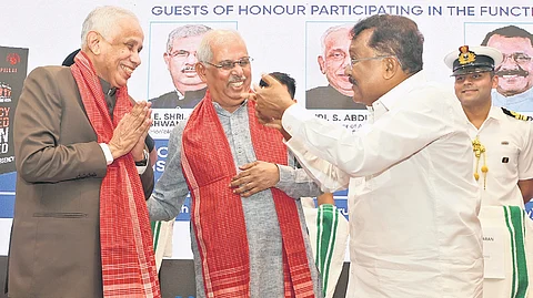 Goa Governor P S Sreedharan Pillai shares a light-hearted moment with his counterparts in Kerala and AP, Rajendra Arlerkar and Syed Abdul Nazeer, respectively, during the release of his book in Thiruvananthapuram
