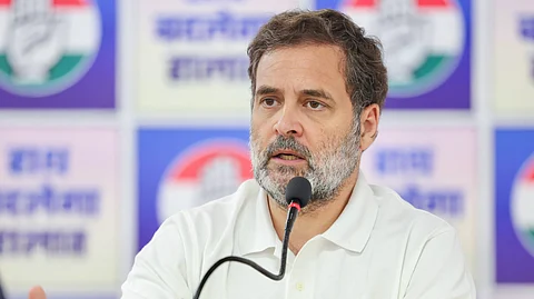 Congress leader and Lok Sabha LoP Rahul Gandhi addresses press conference.