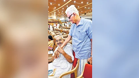 Former legislators C Haridas and T K Hamza interact during the ‘Peythozhiyunna Ormakal’ programme on Tuesday