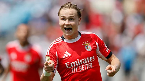 Benfica's Andreas Schjelderup celebrates after scoring during the Club World Cup Group C soccer match between Benfica and Bayern Munich in Charlotte, N.C., Tuesday, June 24, 2025.