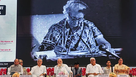 Union Ministers Amit Shah, Ashwini Vaishnaw, Gajendra Singh Shekhawat, Delhi LG VK Saxena and Chief Minister Rekha Gupta during an event to mark the 50th anniversary of the Emergency imposed in 1975 by then prime minister Indira Gandhi, in New Delhi, Wednesday, June 25, 2025