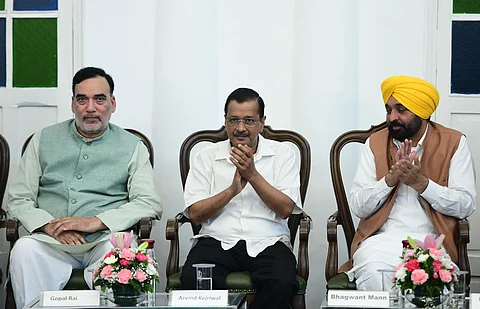 AAP national convener Arvind Kejriwal with other leaders on Wednesday