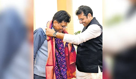 IT & Industries Minister D Sridhar
Babu greets Union minister Piyush Goyal in Delhi on Wednesday