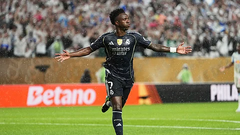 Real Madrid's Vinicius Junior celebrates after scoring his team's first goal during the Club World Cup Group H soccer match between Salzburg and Real Madrid in Philadelphia, Thursday, June 26, 2025.