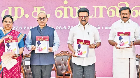 Chief Minister MK Stalin and other dignitaries at the launch of the ‘Centenary Seminar on Muthamizharignar Kalaignar M Karunanidhi’ in Chennai