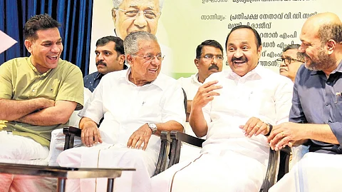 Chief Minister Pinarayi Vijayan in conversation with Leader of Opposition V D Satheesan during the inauguration of Journalist Welfare Fund of the KUWJ in Kochi on Saturday.
MP Hibi Eden and Industries Minister P Rajeeve are also seen