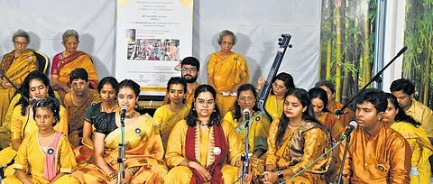 Disciples of Manish Kumar perform at Ravindra Bharathi on June 28, to celebrate the sixth anniversary of the foundation