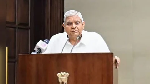 Vice President Jagdeep Dhankhar speaking at a book launch event in Delhi.