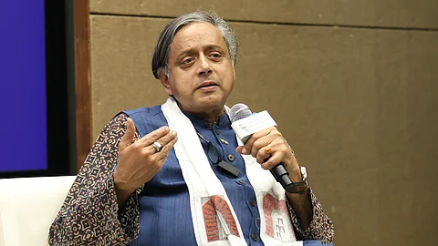 Congress MP Shashi Tharoor speaking at a discussion on "Diction, Diplomacy, and Discretion" hosted by the Ahmedabad Management Association in Ahmedabad on June 28, 2025.