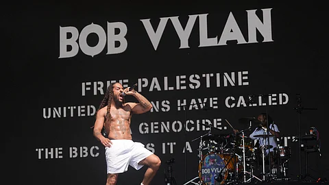 Rapper Bob Vylan performs on the West Holts Stage, during the Glastonbury Festival at Worthy Farm in Somerset. England, Saturday, June 28, 2025.
