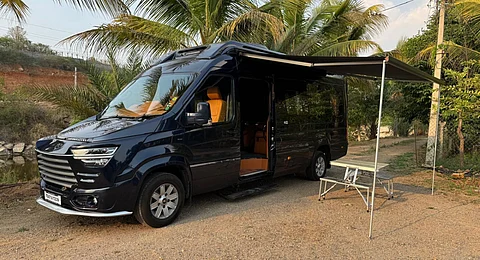The newly showcased caravan at the Tourism Tech AI 2.0 Conclave in Vijayawada, and its interiors.