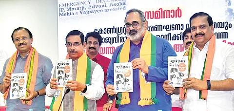Union Minister Pralhad Joshi, former Union minister V Muraleedharan, BJP state president Rajeev Chandrasekhar and senior BJP leader P K Krishnadas release a book during a seminar on Emergency, in Thiruvananthapuram on Sunday.