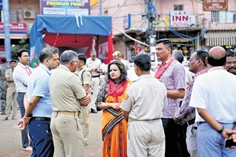 Development commissioner Anu Garg interacting with officials in Puri on Monday.