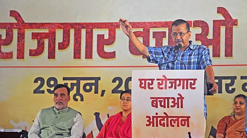 AAP supremo Arvind Kejriwal at a protest rally in JantarMantar.