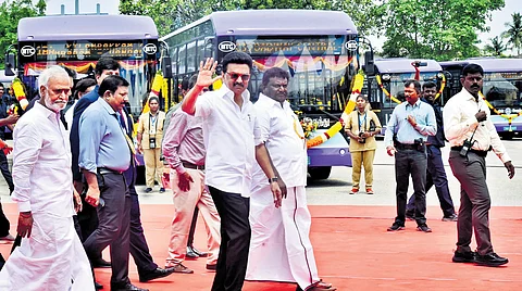 CM MK Stalin arrives at the Vyasarpadi MTC depot in Chennai to flag off low-floor electric buses on Monday