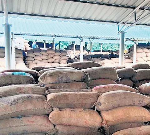 Paddy bags lying at a procurement centre in Bargarh district
