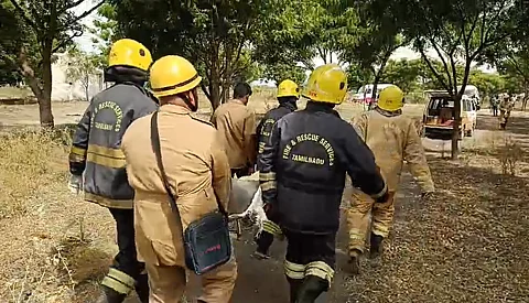 Fire and Rescue Service personnel carrying injured persons to the ambulance.