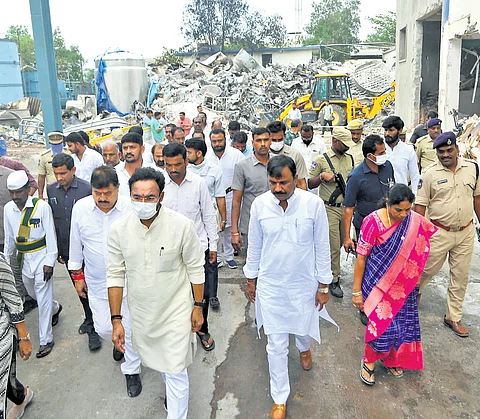 Union Minister G Kishan Reddy visits the Sigachi chemical factory on Tuesday