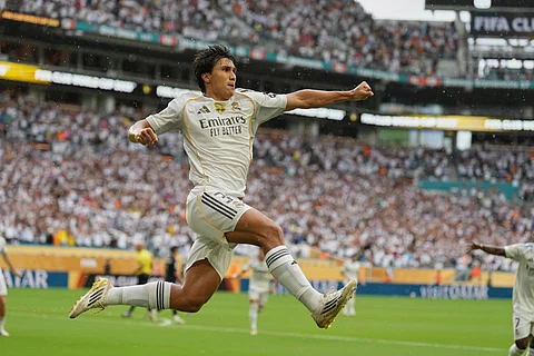 Real Madrid's Gonzalo Garcia celebrates after scoring during the Club World Cup round of 16 soccer match between Real Madrid and Juventus in Miami Gardens, Fla., Tuesday, July 1, 2025.