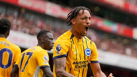 Brighton's Joao Pedro celebrates after scoring his side's opening goal.