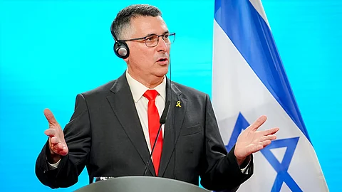 Israel Foreign Minister Gideon Saar gestures as he speaks during a joint press conference after talks at the Federal Foreign Office in Berlin, Germany, June 5, 2025.