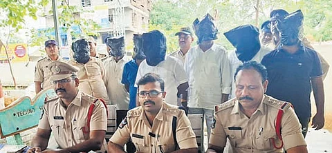 On Wednesday, the Kanigiri DSP P Sai Eswar Yeshwant conducted a press meet in the Kanigiri Circle office and revealed details of arrest of the seven members team allegedly involved in a Rs 15 crore forgery scam.