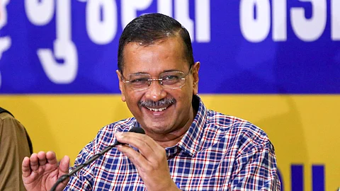 Aam Aadmi Party (AAP) National Convener Arvind Kejriwal addresses a press conference, in Ahmedabad, Gujarat, Thursday, July 3, 2025. Party leader Gopal Rai and state President Isudan Gadhvi are also seen.