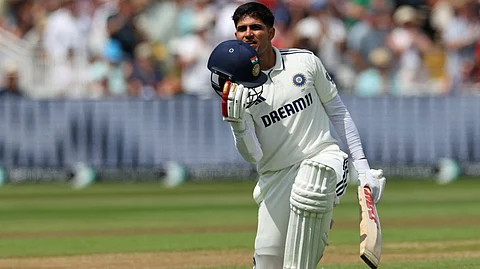 India's captain Shubman Gill reacts to reaching his double hundred on day two of the second cricket test match between England and India at Edgbaston cricket ground in Birmingham, central England on July 3, 2025.