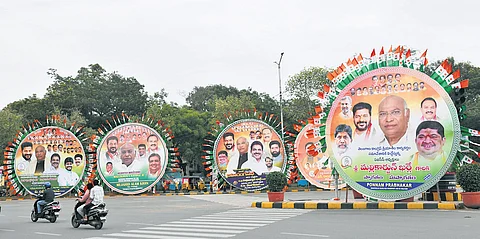 Flexi banners have come up in Hyderabad welcoming AICC president Mallikarjun Kharge, who arrived in the city on Thursday to address a public meeting at the LB Stadium on Friday.