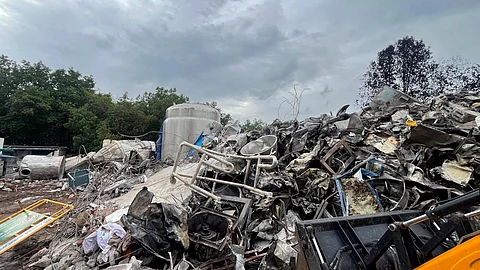 Debris at the site of an explosion at the Sigachi Industries' pharma plant, at Pashamylaram in Sangareddy district, Telangana.